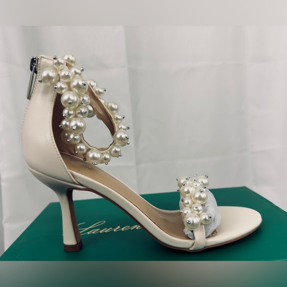 LAUREN LORRAINE FIESTA PEARL EMBELLISHED ANKLE WRAP DRESS HEELS US. 7 & 8    NWT - Picture 8 of 14